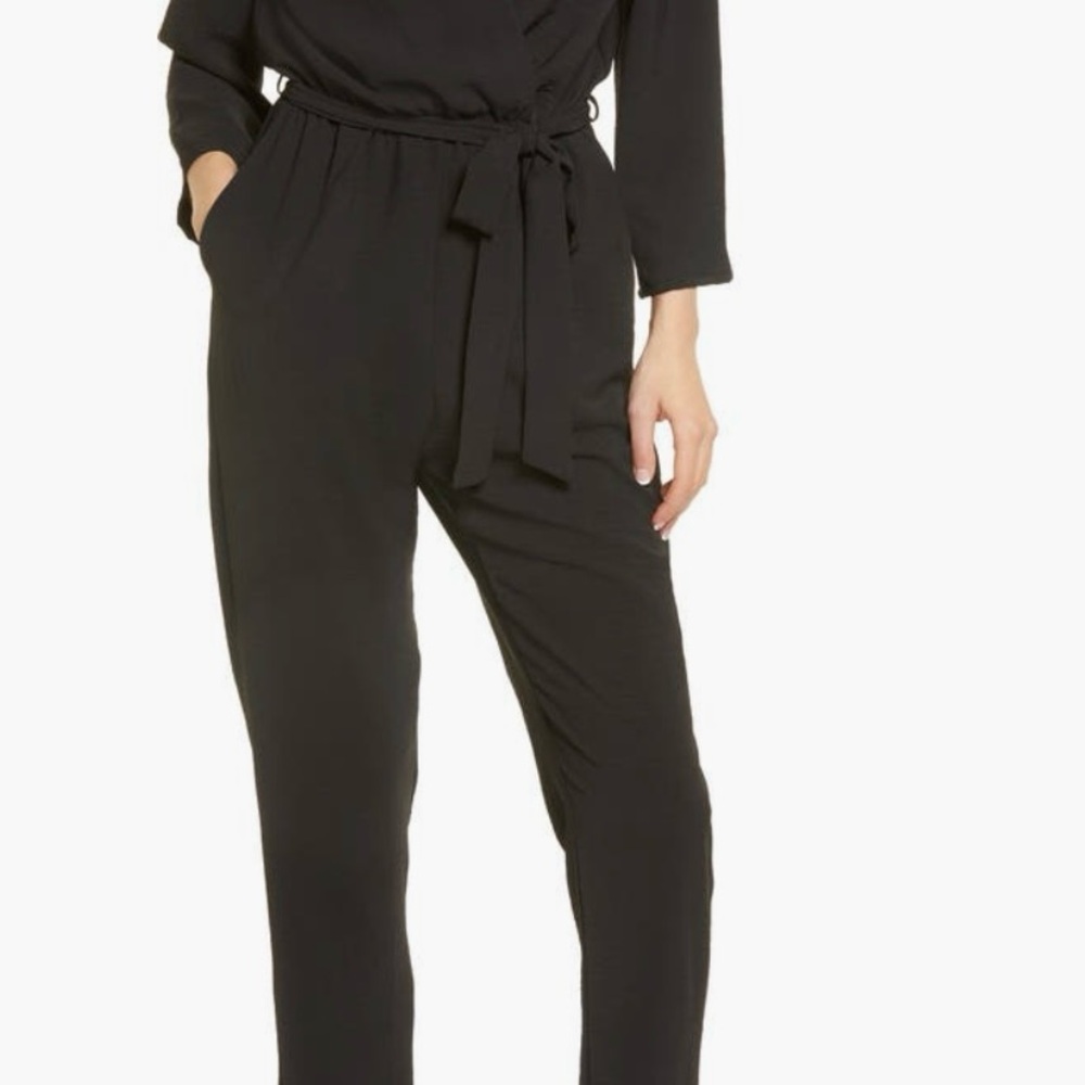Fraiche by J Black Jumpsuit with Tie Waist and Tapered Legs